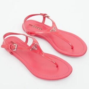 Prada Triangle Logo T Strap Patent Leather Pink Thong Flat Sandals